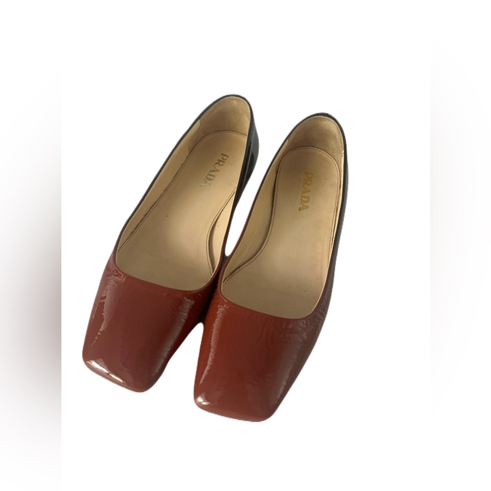 SOLD Authentic Prada Women’s Flat size 35.5 Patent Red & Black With Box